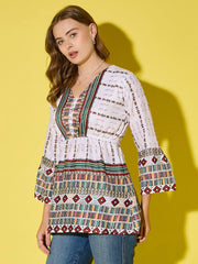 Women's Long Top Tribal Printed Polyester Tunic with Flared Sleeves-3534-3534