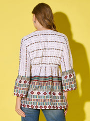 Women's Long Top Tribal Printed Polyester Tunic with Flared Sleeves-3534-3534