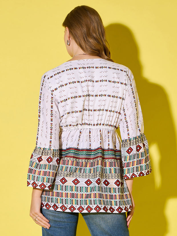Women's Long Top Tribal Printed Polyester Tunic with Flared Sleeves-3534-3534