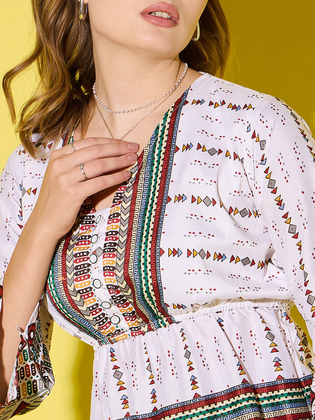 Women's Long Top Tribal Printed Polyester Tunic with Flared Sleeves-3534-3534