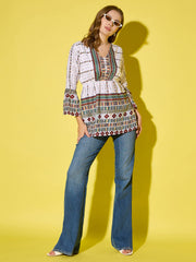 Women's Long Top Tribal Printed Polyester Tunic with Flared Sleeves-3534-3534