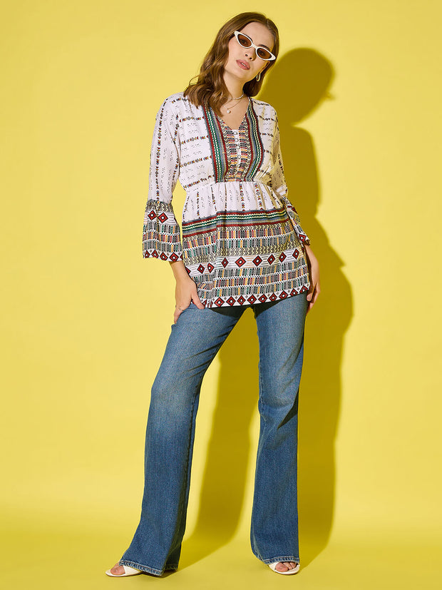 Women's Long Top Tribal Printed Polyester Tunic with Flared Sleeves-3534-3534