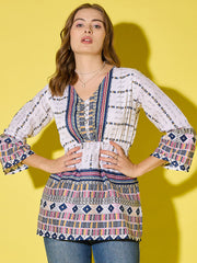 Women's Long Top Tribal Printed Polyester Tunic with Flared Sleeves-3534-3534
