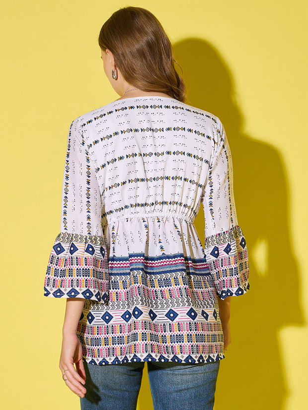 Women's Long Top Tribal Printed Polyester Tunic with Flared Sleeves-3534-3534