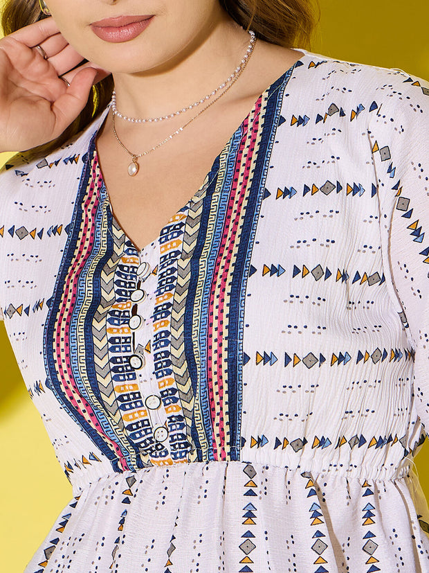 Women's Long Top Tribal Printed Polyester Tunic with Flared Sleeves-3534-3534