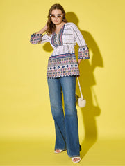 Women's Long Top Tribal Printed Polyester Tunic with Flared Sleeves-3534-3534