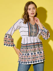 Women's Long Top Tribal Printed Polyester Tunic with Flared Sleeves-3534-3534