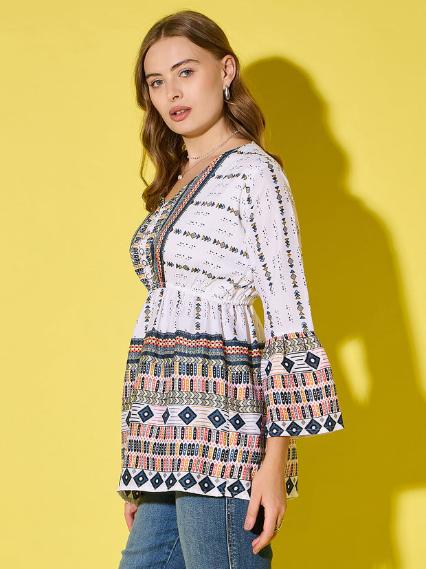 Women's Long Top Tribal Printed Polyester Tunic with Flared Sleeves-3534-3534