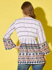 Women's Long Top Tribal Printed Polyester Tunic with Flared Sleeves-3534-3534