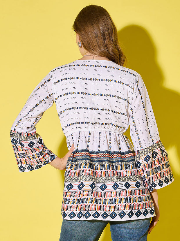 Women's Long Top Tribal Printed Polyester Tunic with Flared Sleeves-3534-3534