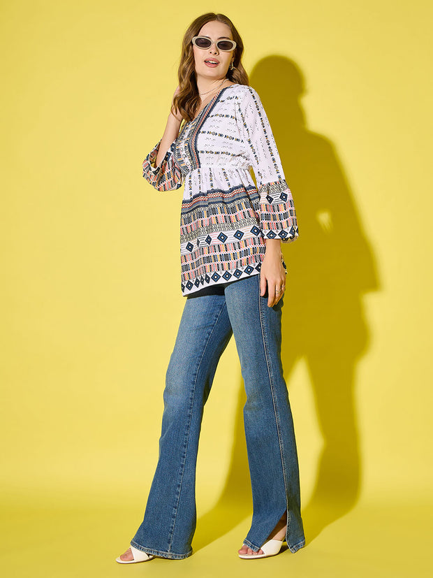 Women's Long Top Tribal Printed Polyester Tunic with Flared Sleeves-3534-3534