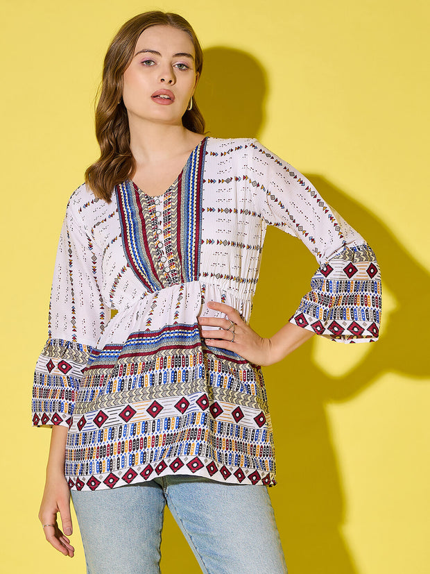 Women's Long Top Tribal Printed Polyester Tunic with Flared Sleeves-3534-3534