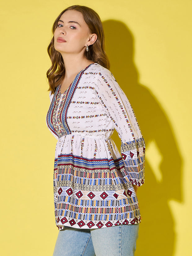 Women's Long Top Tribal Printed Polyester Tunic with Flared Sleeves-3534-3534