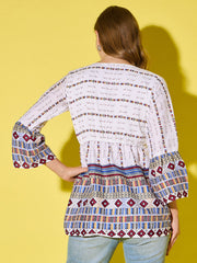 Women's Long Top Tribal Printed Polyester Tunic with Flared Sleeves-3534-3534