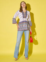 Women's Long Top Tribal Printed Polyester Tunic with Flared Sleeves-3534-3534