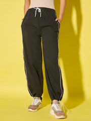 Women's Polyester Jogger Track Pants with Ankle Drawstring and Dual contrast piping-3538-3538