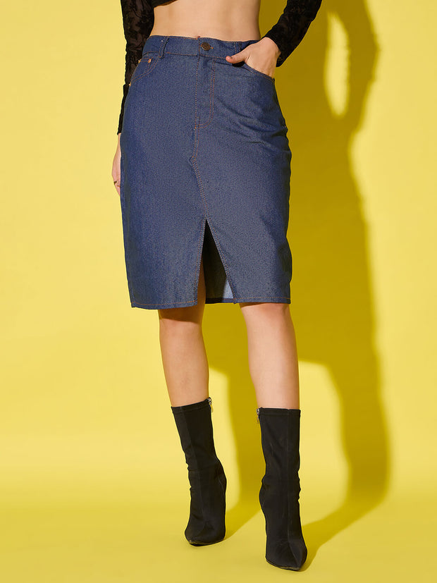 Women's High-Waist Denim Skirt with Front Slit-3540-3540
