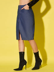 Women's High-Waist Denim Skirt with Front Slit-3540-3540
