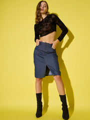 Women's High-Waist Denim Skirt with Front Slit-3540-3540