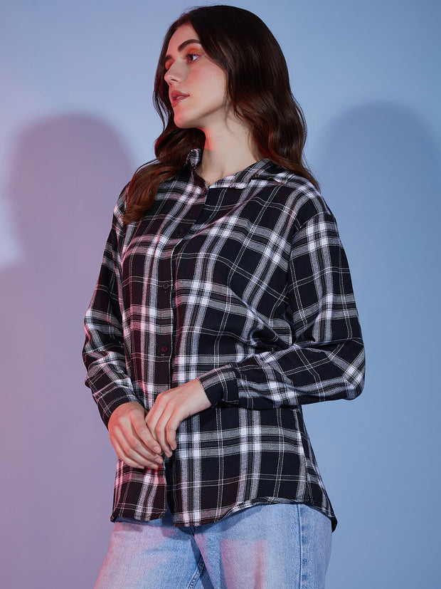 Cotton Oversized Casual Plaid Print Women Long Shirt-3290B