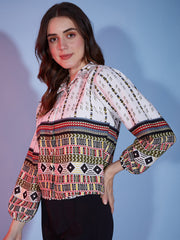 Poly Cotton White Black Bubble Sleeve Tribal Printed Women Shirt-3327N4