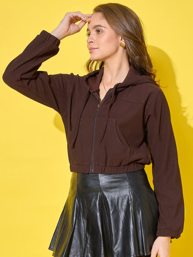 Women's Cotton Ribbed Short Casual Hoodie Jacket with Front Zipper-3491-3491