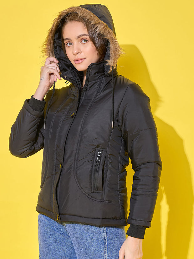 Women's Quilted Winter Jacket with Detachable Fur Hoodie-3488-3488