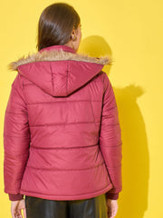 Women's Quilted Winter Jacket with Detachable Fur Hoodie-3488-3488