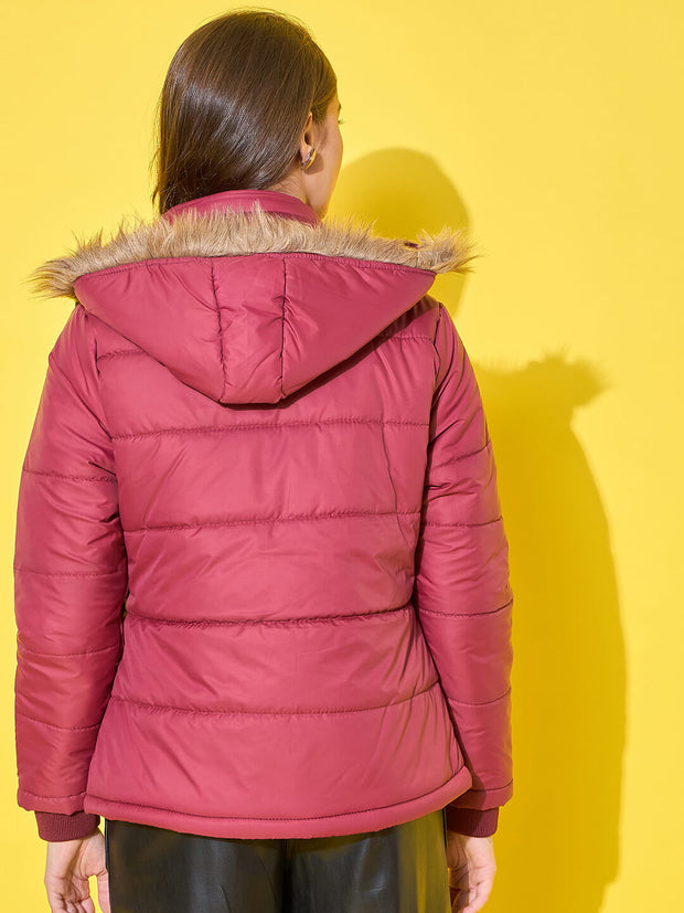 Women's Quilted Winter Jacket with Detachable Fur Hoodie-3488-3488