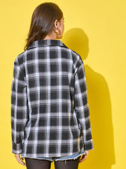 Cotton Black White Plaid Printed Oversized Long Women's Shirt-3492