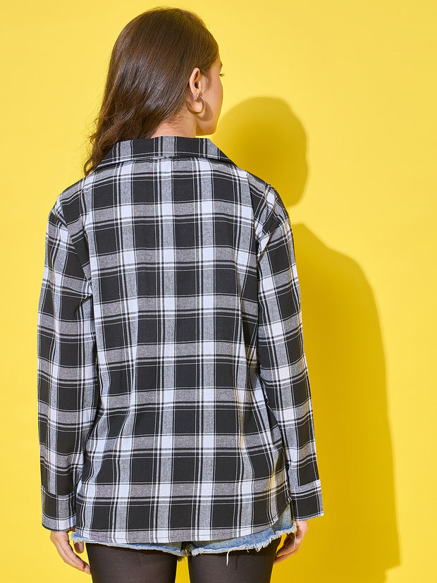 Cotton Black White Plaid Printed Oversized Long Women's Shirt-3492