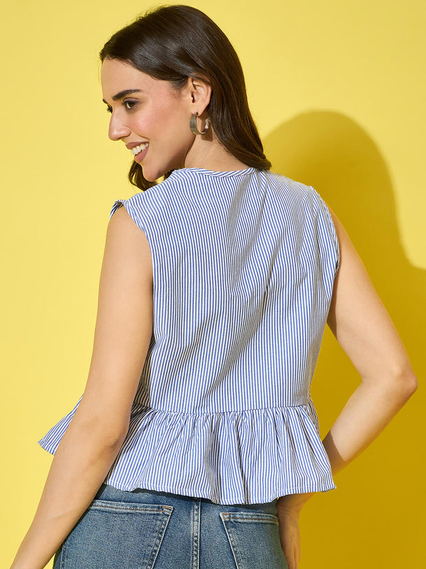 Women’s Striped Cotton Sleeveless Top with Tie-Knot Peplum-3571-3571