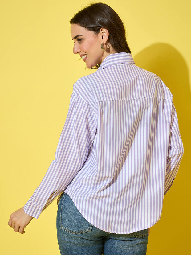 Women’s Striped Cotton Oversized Long Sleeve Button-Down Shirt-3575-3575