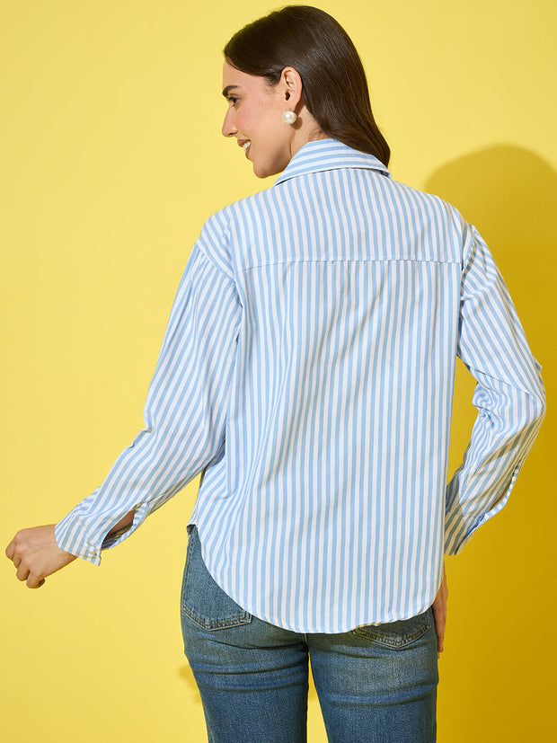 Women’s Striped Cotton Oversized Long Sleeve Button-Down Shirt-3575-3575