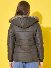 Women's Quilted Winter Jacket with Detachable Fur Hoodie-3488-3488