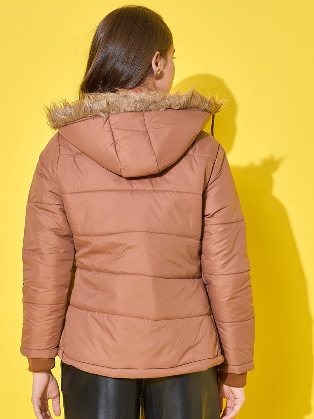 Women's Quilted Winter Jacket with Detachable Fur Hoodie-3488-3488
