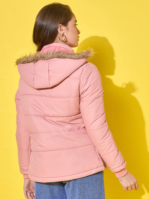 Women's Quilted Winter Jacket with Detachable Fur Hoodie-3488-3488