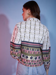 Poly Cotton White Navy Bubble Sleeve Tribal Printed Women Shirt-3328N3