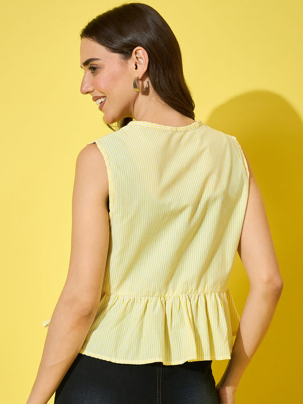 Women’s Striped Cotton Sleeveless Top with Tie-Knot Peplum-3571-3571