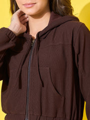 Women's Cotton Ribbed Short Casual Hoodie Jacket with Front Zipper-3491-3491