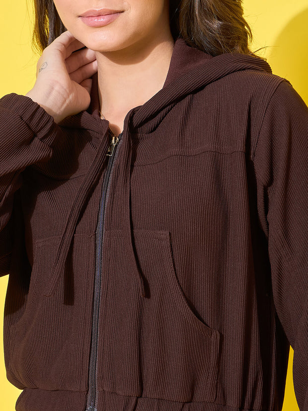 Women's Cotton Ribbed Short Casual Hoodie Jacket with Front Zipper-3491-3491