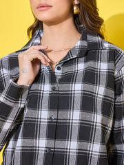 Cotton Black White Plaid Printed Oversized Long Women's Shirt-3492