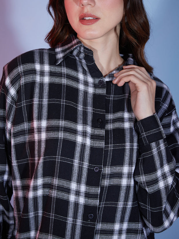 Cotton Oversized Casual Plaid Print Women Long Shirt-3290B