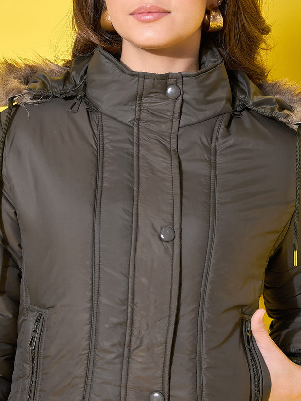 Women's Quilted Winter Jacket with Detachable Fur Hoodie-3488-3488