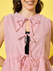 Women’s Striped Cotton Sleeveless Top with Tie-Knot Peplum-3571-3571