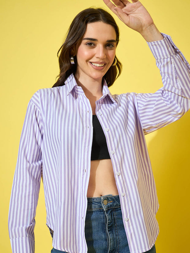 Women’s Striped Cotton Oversized Long Sleeve Button-Down Shirt-3575-3575