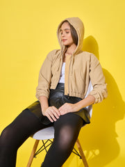 Women's Cotton Ribbed Short Casual Hoodie Jacket with Front Zipper-3491-3491