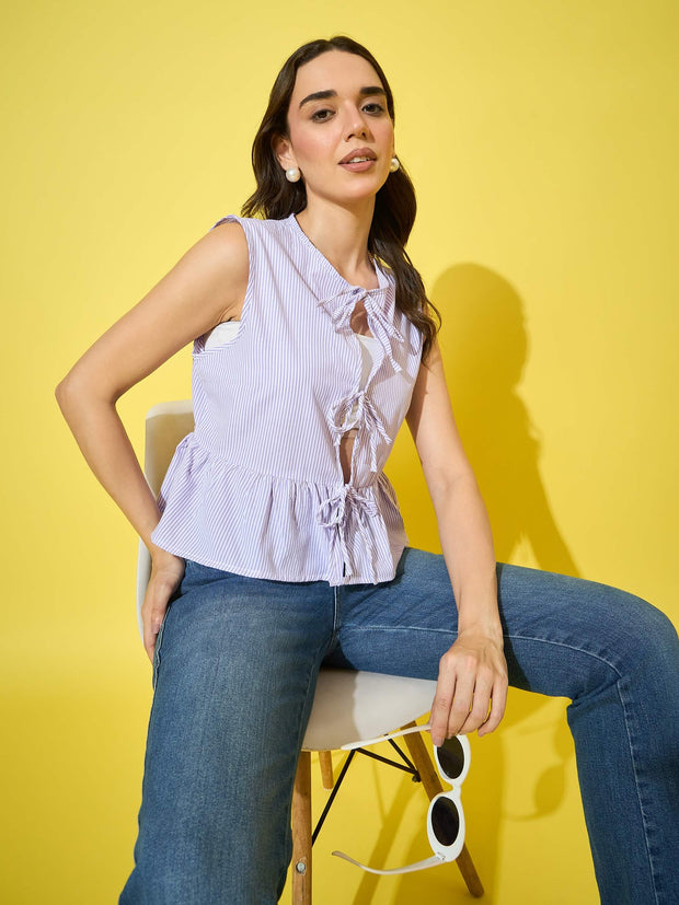 Women’s Striped Cotton Sleeveless Top with Tie-Knot Peplum-3571-3571