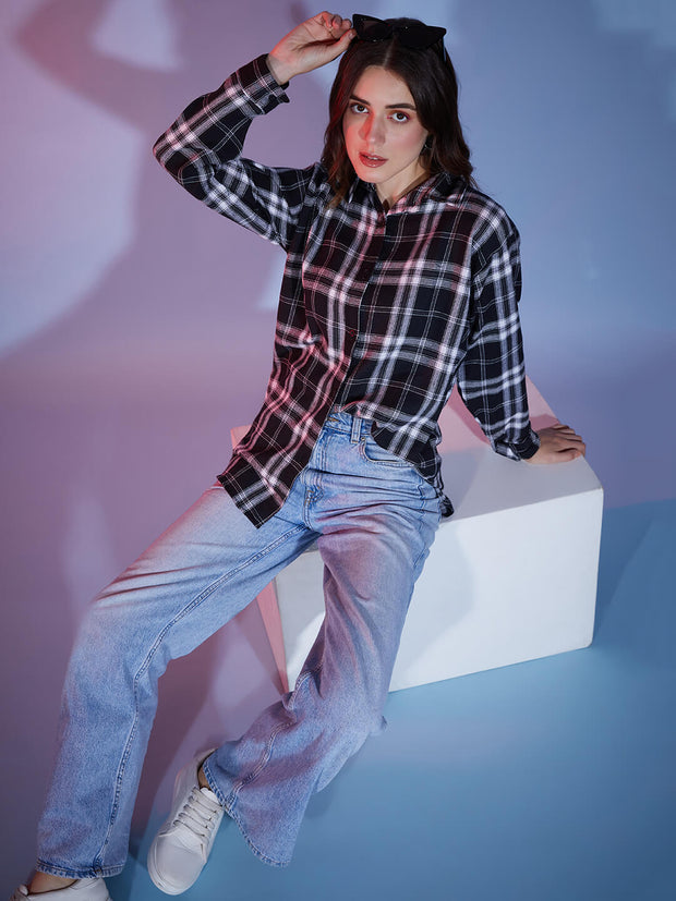 Cotton Oversized Casual Plaid Print Women Long Shirt-3290B