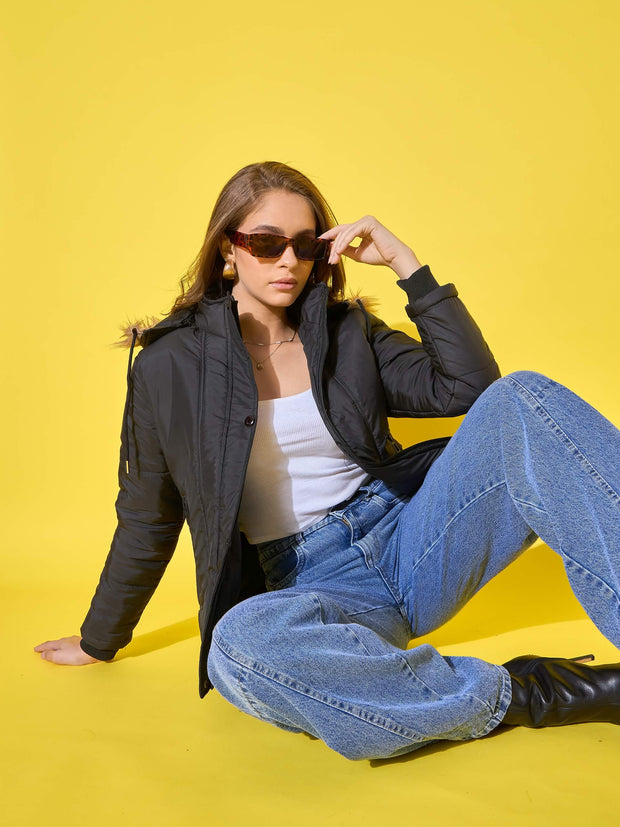 Women's Quilted Winter Jacket with Detachable Fur Hoodie-3488-3488